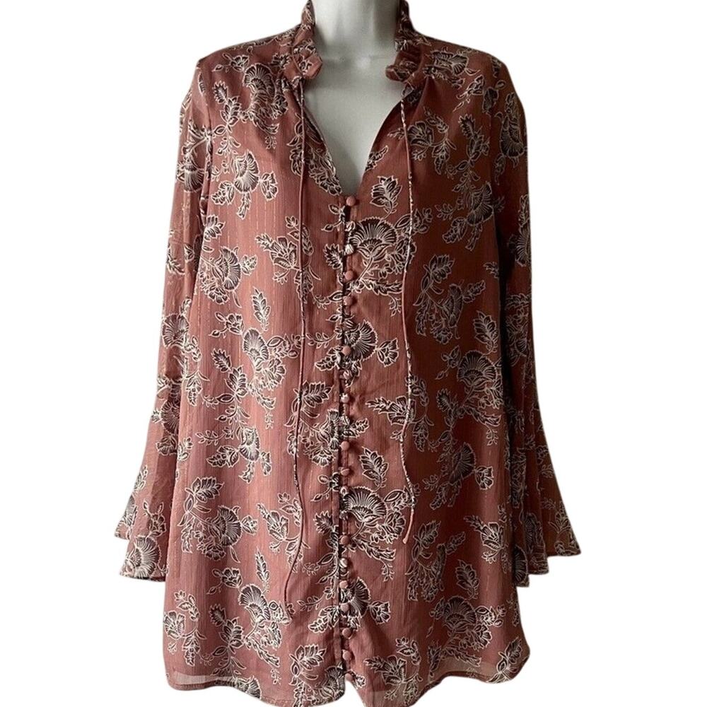 NWT En Creme Medium Woman’s Pink Floral Button down Dress Ruffle Collar